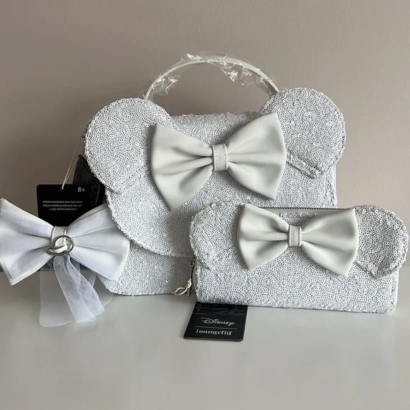 NEW SET Loungefly Minnie Mouse Sequin Wedding Crossbody Bag and wallet - Picture 3 of 16